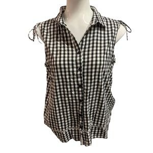 Black white gingham sleeveless button up drawstring shoulder 97% cotton